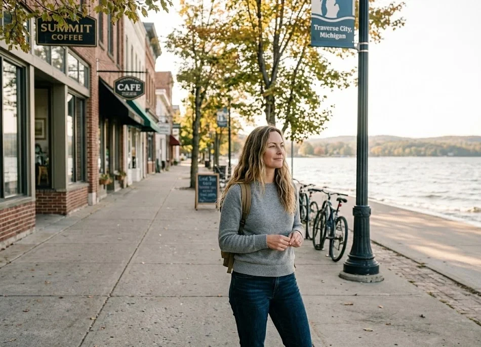 Solo traveler standing near a quiet lakeside street in Traverse City, Michigan.
