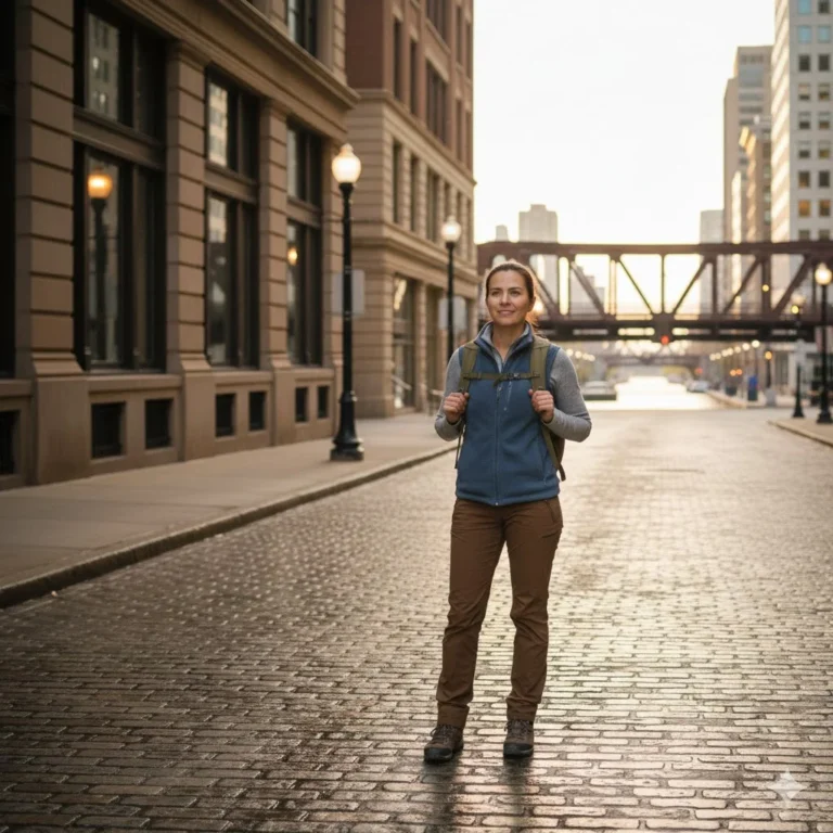 Solo traveler standing on a quiet Chicago street during a short city break