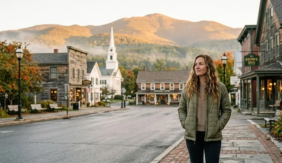 Solo traveler standing on a quiet street in Stowe, Vermont with mountains in the background.