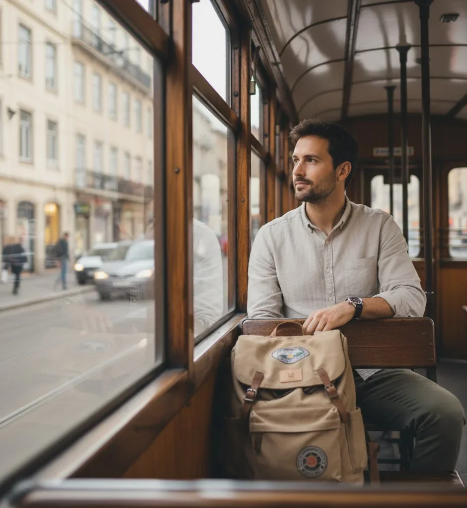 Solo traveler using public transport in a European city