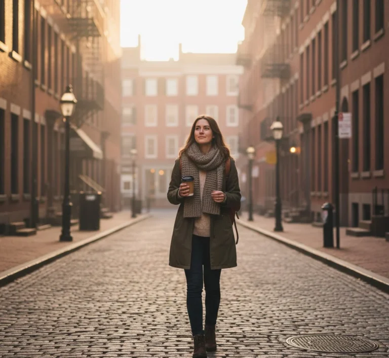 Solo traveler walking through a quiet East Coast city street