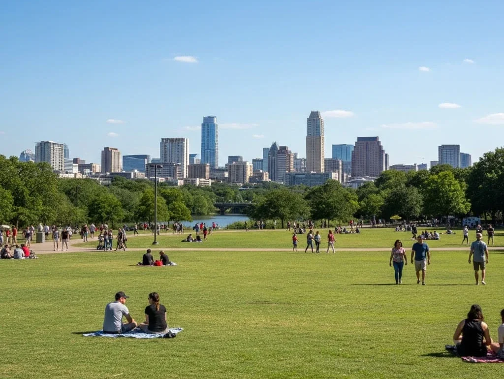 Zilker Park in Austin with open green space and city skyline