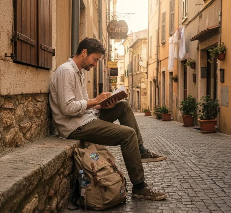 Solo traveler planning a budget trip in a local neighborhood