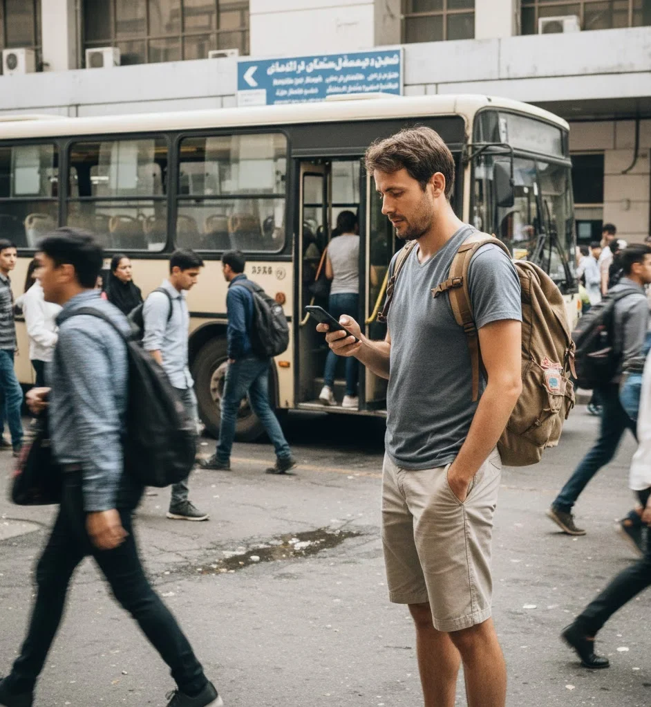 solo traveler checking directions in a busy public area