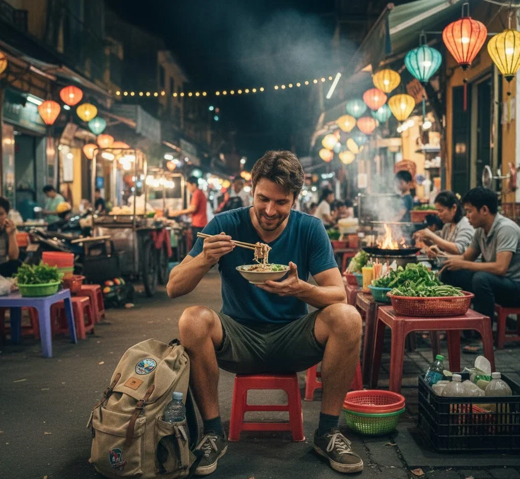 solo traveler enjoying street food in Vietnam on a budget trip