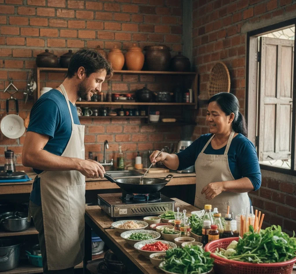 solo traveler joining a cooking class in Thailand