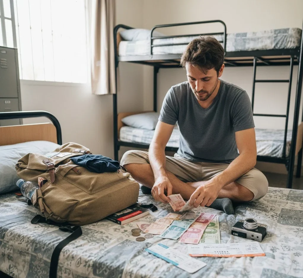 solo traveler organizing travel budget and transport tickets