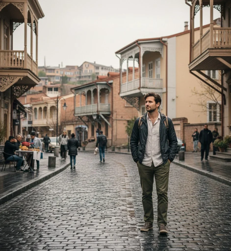 solo traveler walking through Tbilisi Georgia on a budget trip