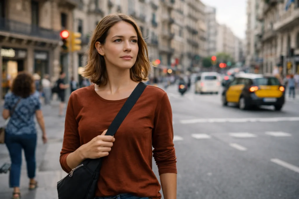 Solo female traveler standing confidently on Barcelona street holding secure bag