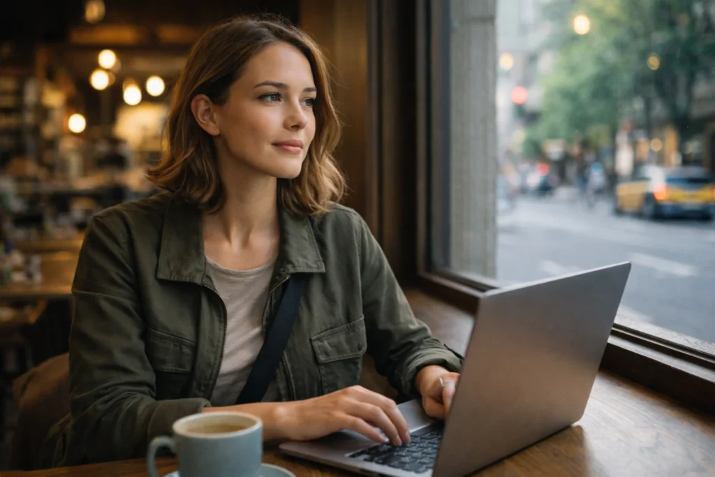 Solo female traveler reviewing travel bookings on laptop in café