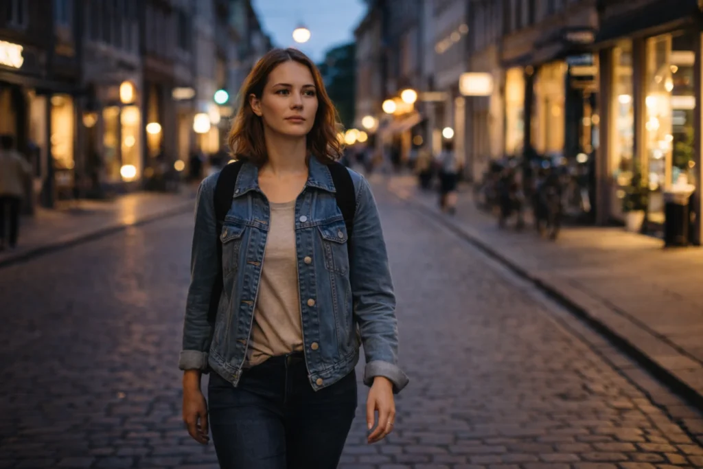 Solo female traveler walking confidently on Copenhagen street at dusk