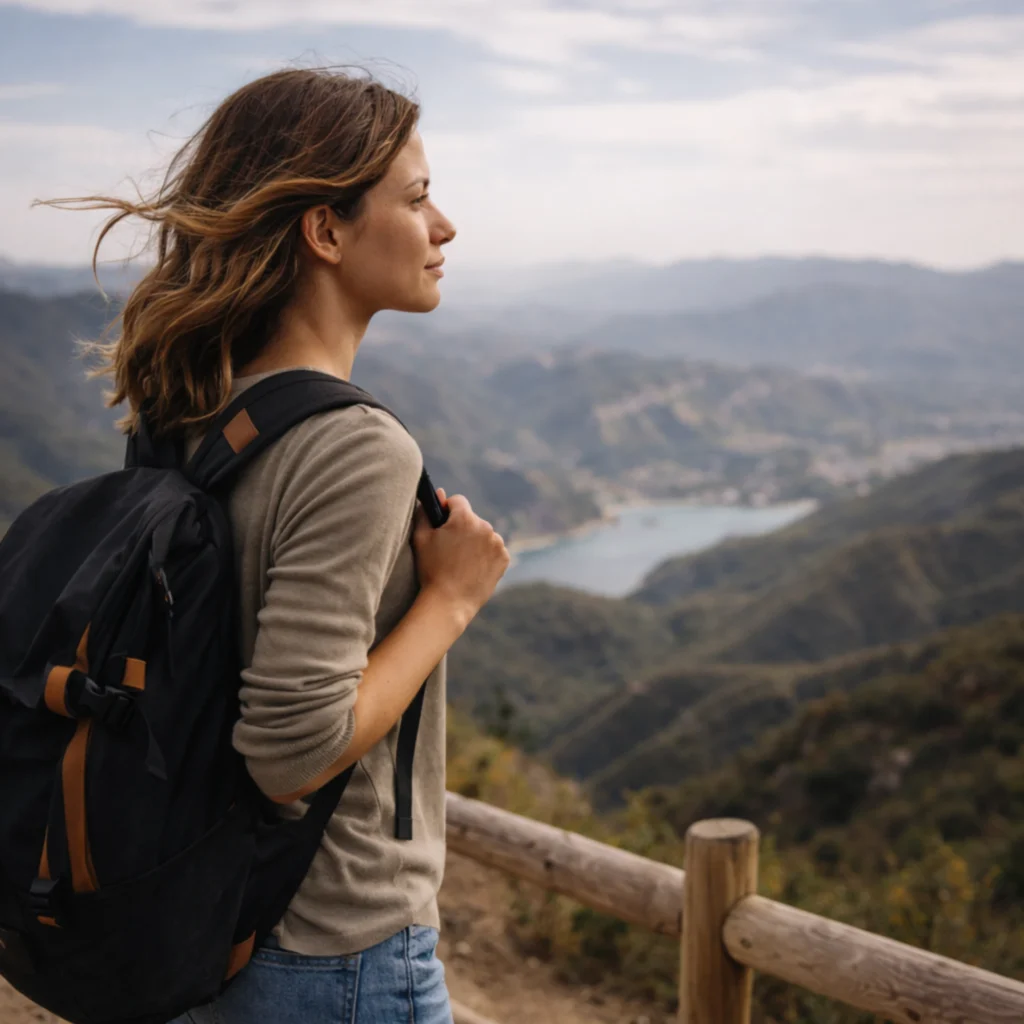 Confident solo female traveler overlooking a scenic landscape