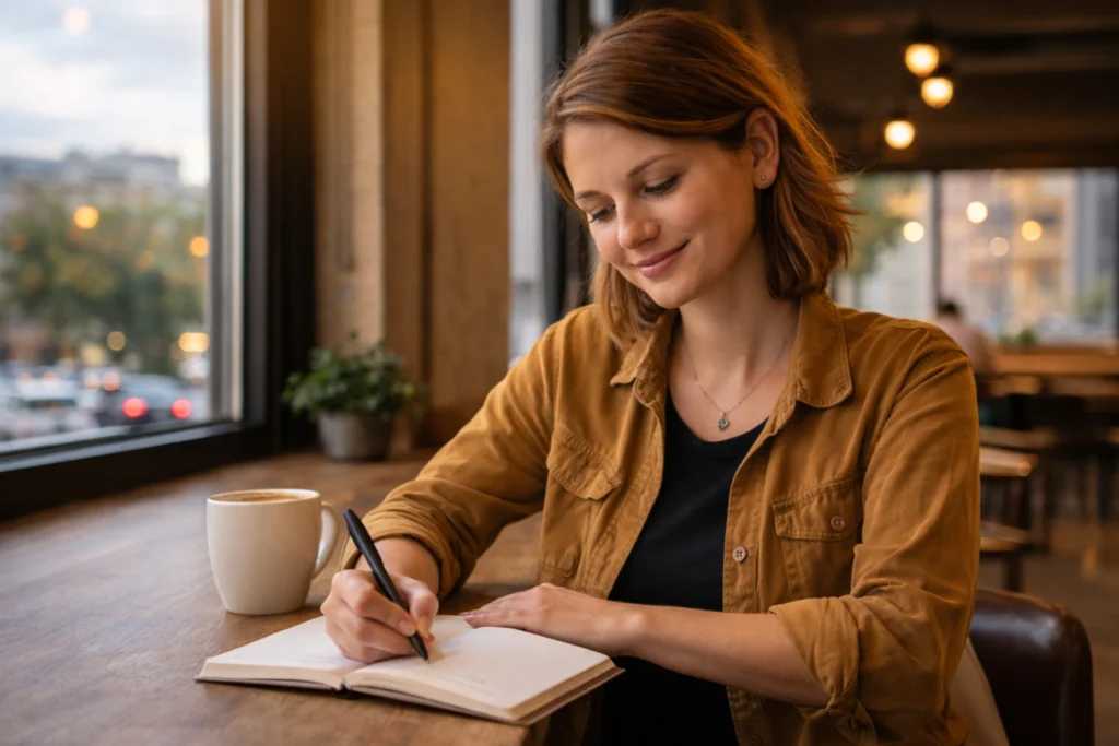 Solo female traveler sitting confidently at a coffee shop after a safe hotel stay