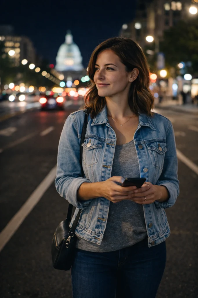 Solo female traveler standing on a well-lit street at night in Washington DC