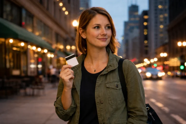 Solo female traveler standing outside a hotel on a city street at night in the USA