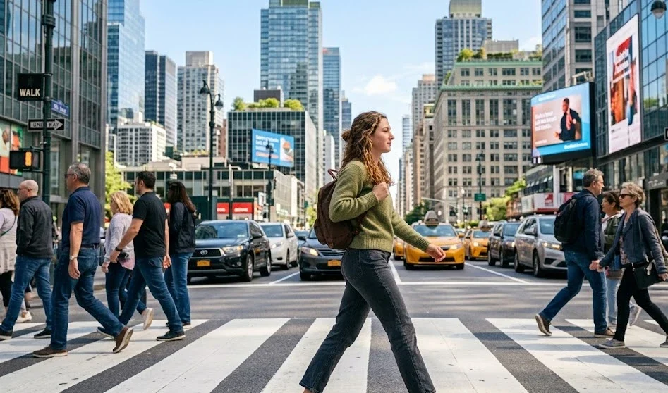 Solo female traveler walking confidently through a busy city crosswalk