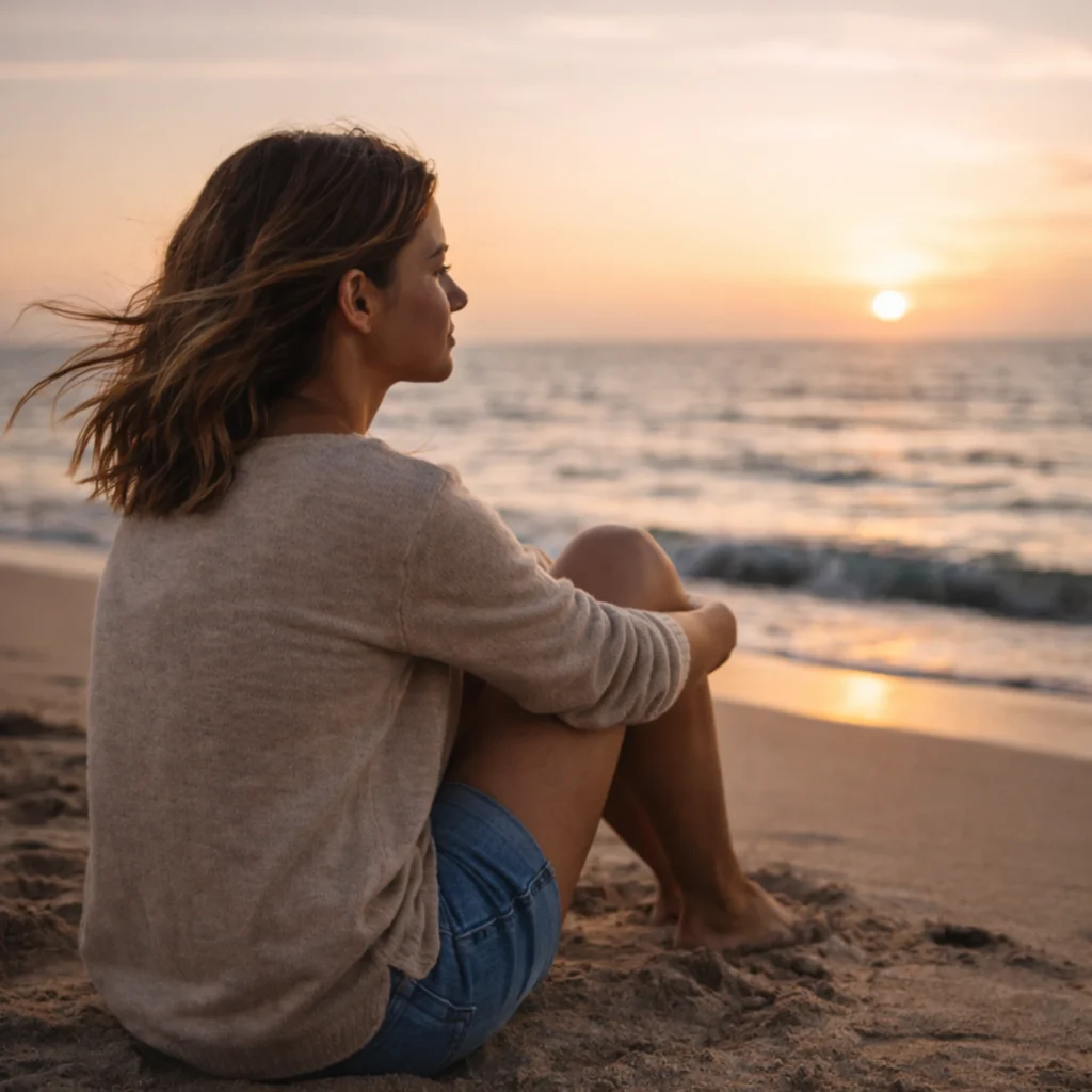Solo woman sitting alone at sunset reflecting during her first solo trip
