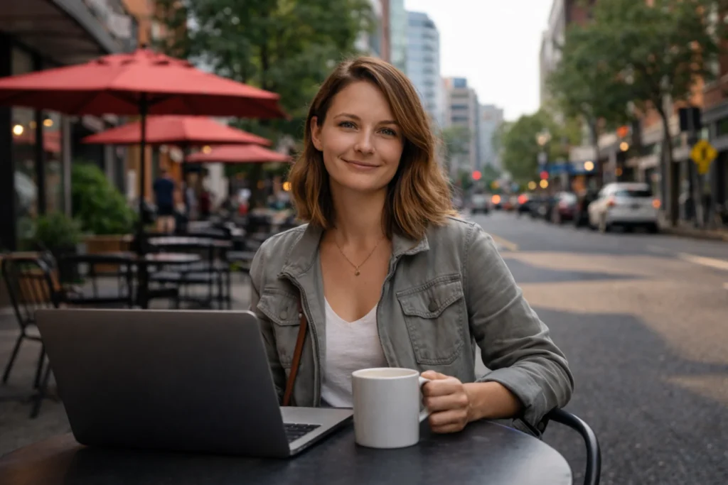 Woman enjoying coffee alone in Portland