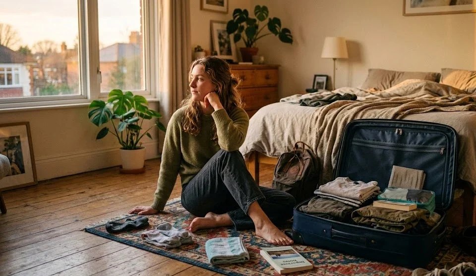 Woman packing suitcase at home looking thoughtful before solo trip