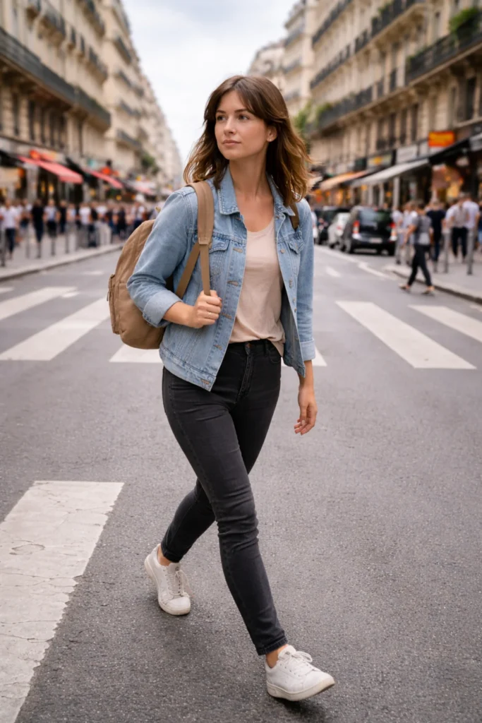 confident solo female traveler walking safely in city