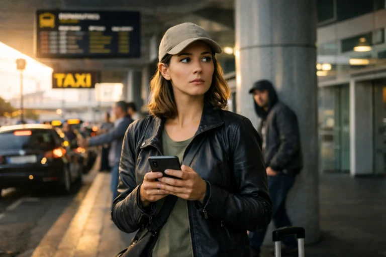 Solo female traveler standing outside Lisbon airport looking alert with luggage