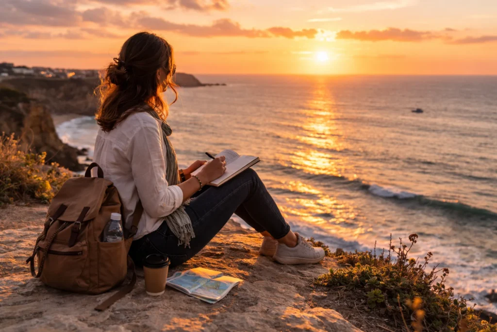 solo female traveler enjoying peaceful slow travel moment
