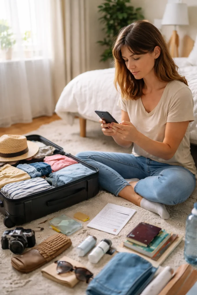 solo female traveler preparing and packing carefully for first trip
