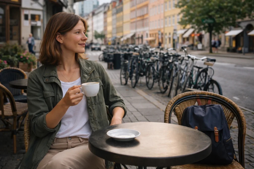 solo female traveler sitting at Copenhagen café during solo trip