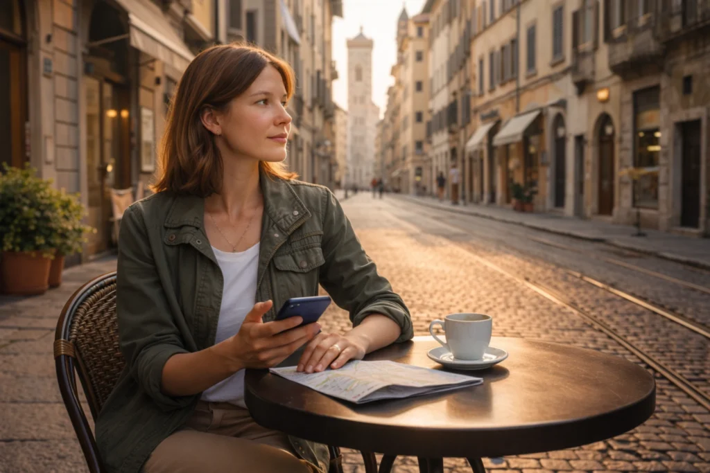 solo traveler sitting at coffee shop in Florence planning her travel day