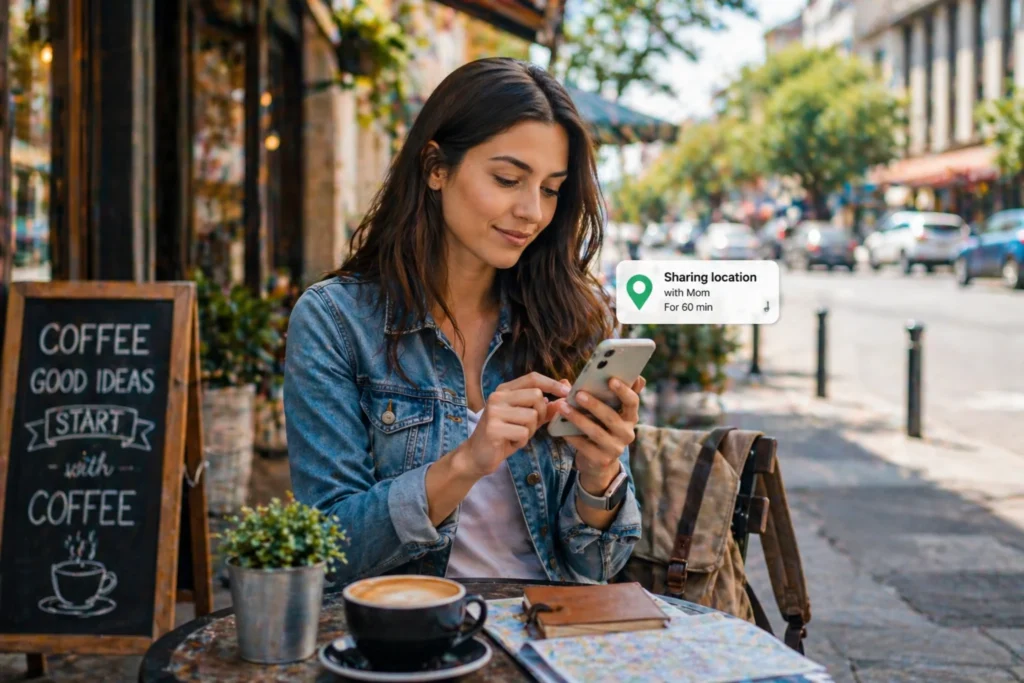 Solo female traveler sharing location while sitting at a cafe