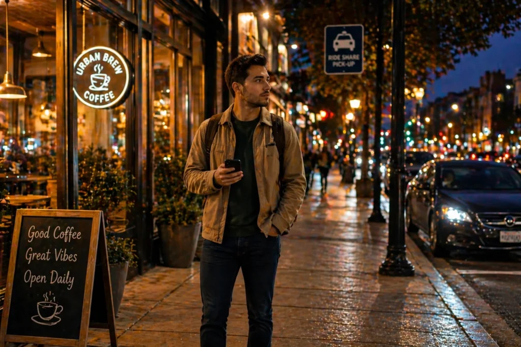 Traveler verifying car details before entering a ride-share vehicle
