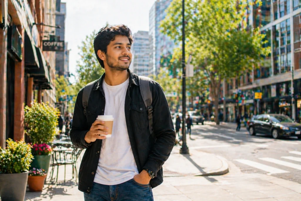 confident solo traveler standing safely in city