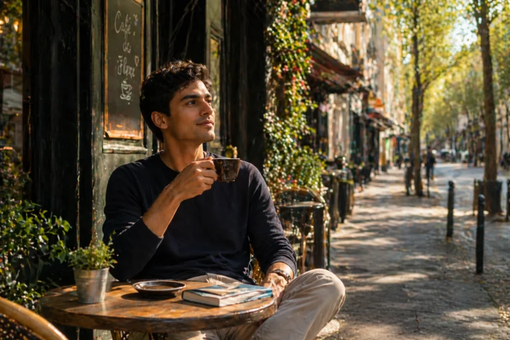 solo man sitting at a quiet coffee shop enjoying a peaceful travel moment