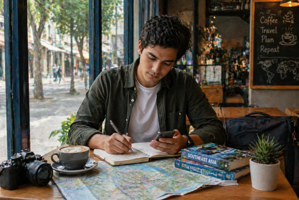 solo traveler planning itinerary at a coffee shop during a trip