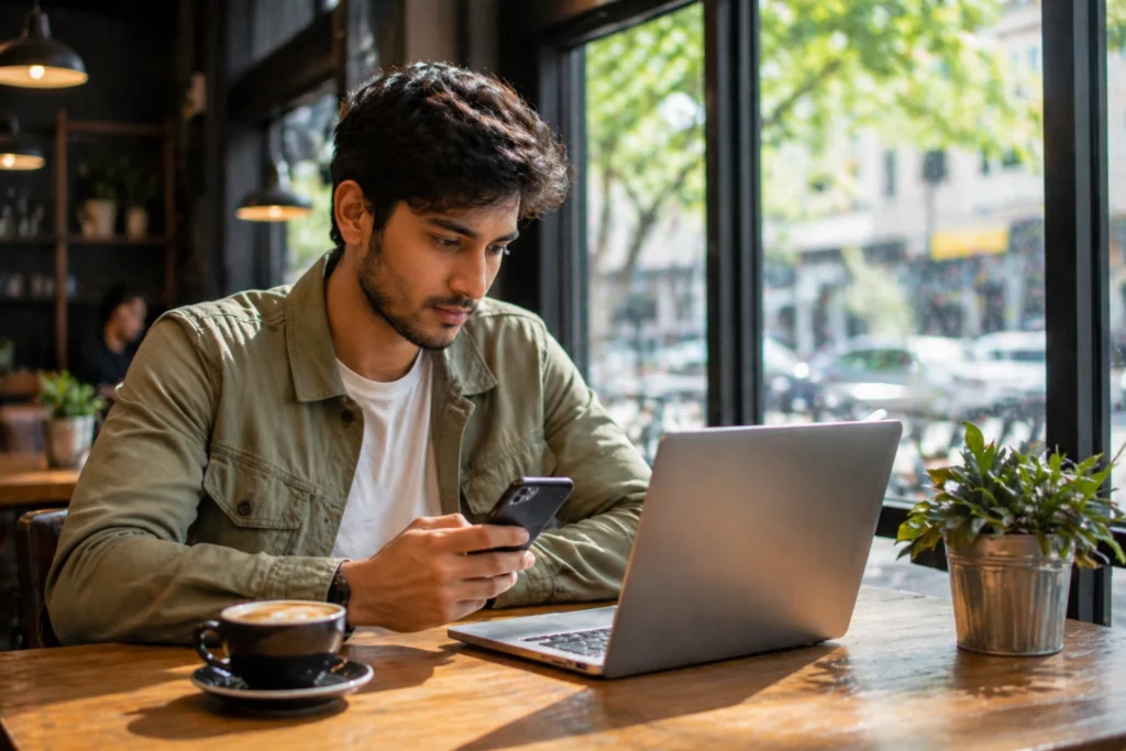 male solo traveler researching safe hotel online in cafe