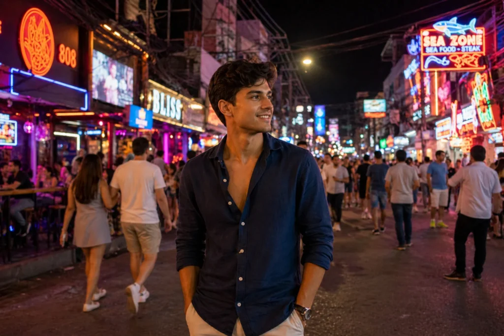 solo male traveler standing in a busy nightlife street enjoying the social vibe