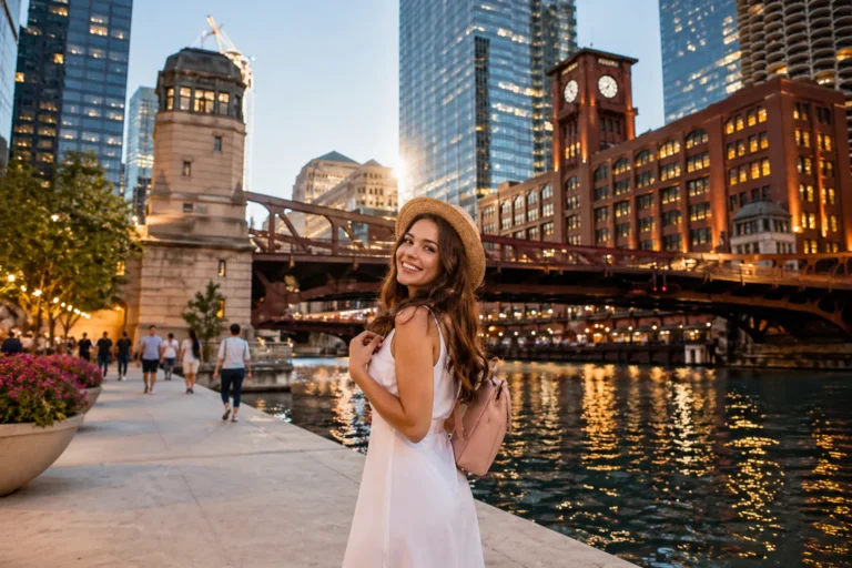 solo female traveler standing by city riverwalk with skyline lights social travel USA