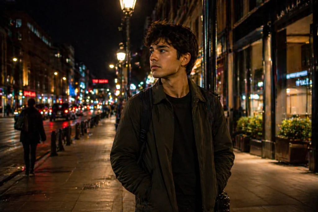 Standing on a city street at night staying alert