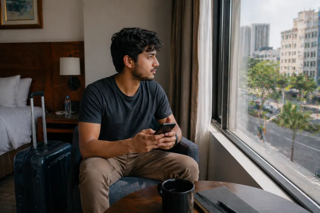 solo traveler staying aware while sitting at cafe