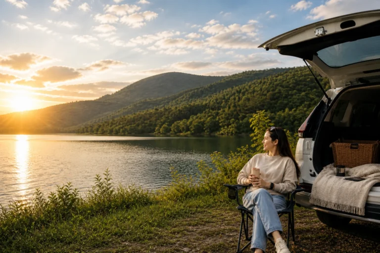 short solo trip by lake with car camping setup and relaxing view
