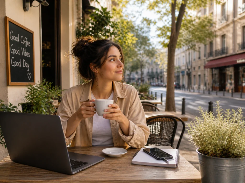 planning a last-minute solo trip at a coffee shop
